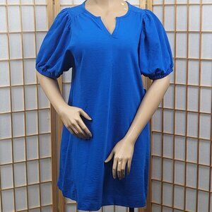 NWT Sonoma cotton-blend knit royal blue puff short-sleeve v-neck dress size L